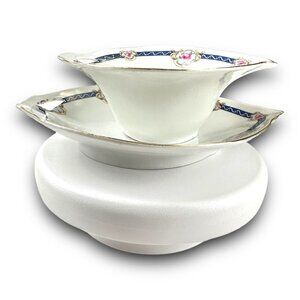 Antique German Porcelain Gravy Boat & Underplate Hand-Painted Floral Design Gold